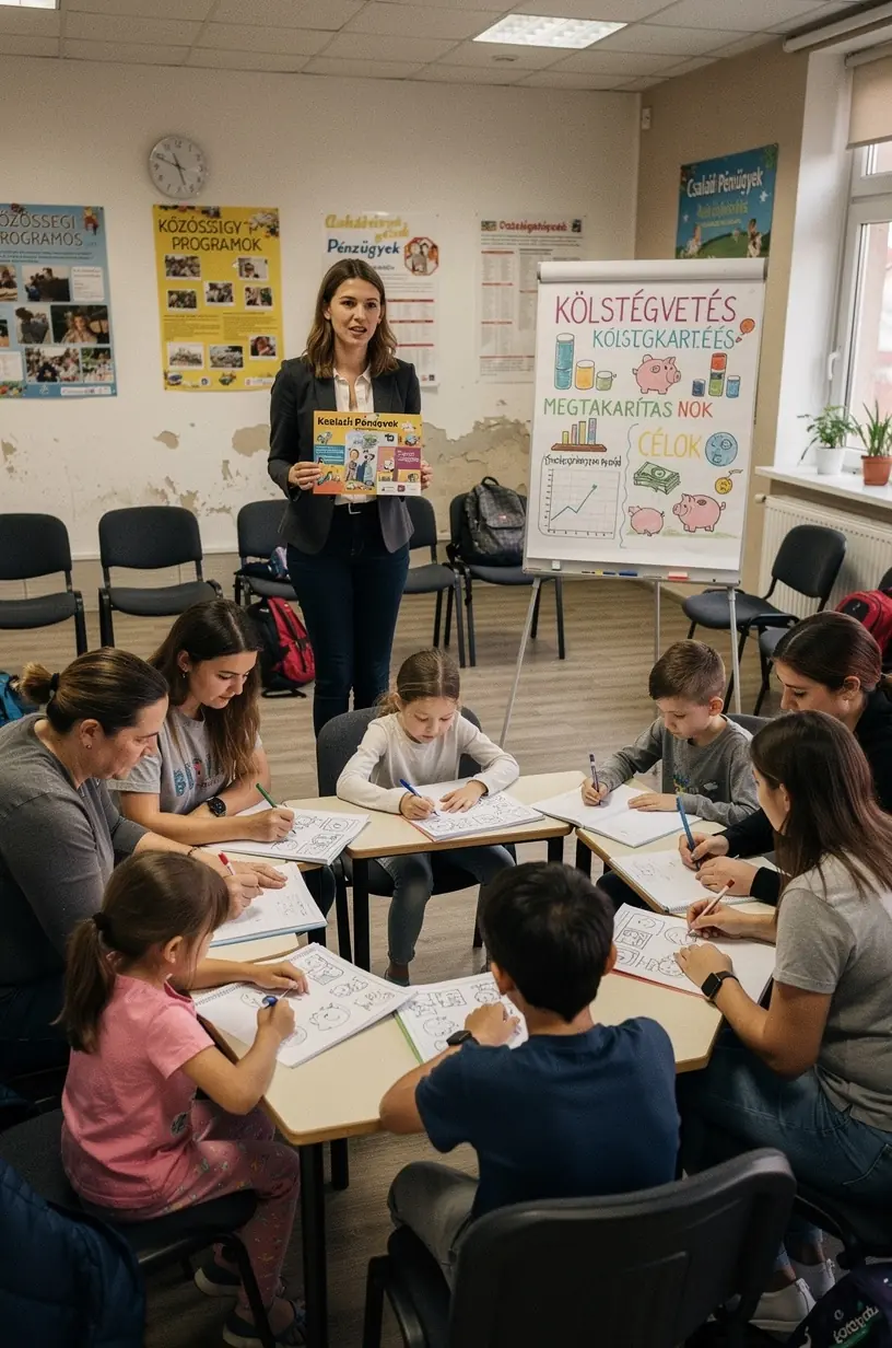 Közösségi klub tagjai pénzügyi tervezőket böngésznek a helyszínen, miközben személyes pénzügyi tanácsokat kapnak.