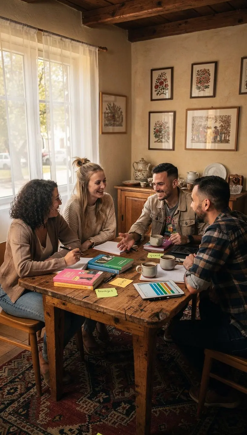 Pénzügyi tervezők és könyvek polcai egy közösségi klubban, ahol a látogatók vásárolhatnak és tanulhatnak.